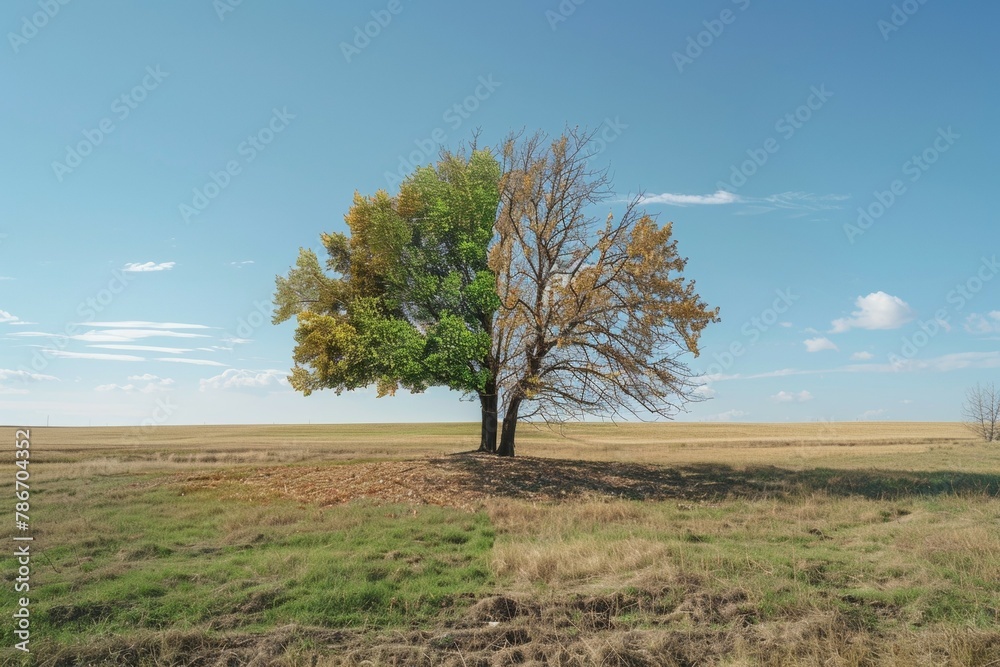 Tree in ecology and drought concept. Climate change and record heat. Background with selective focus