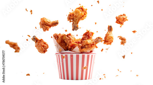 Fried chicken flying out of paper bucket isolated on white background © Ziyan Yang