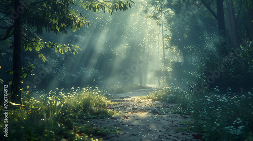 A forest path is illuminated by the sun  casting a warm glow on the trees