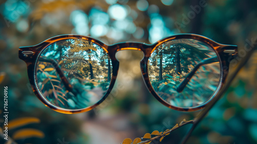 A pair of glasses is reflected in the leaves of a tree
