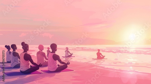 Serene Beach Yoga Session at Sunrise with Tranquil Seascape © Oksana Smyshliaeva