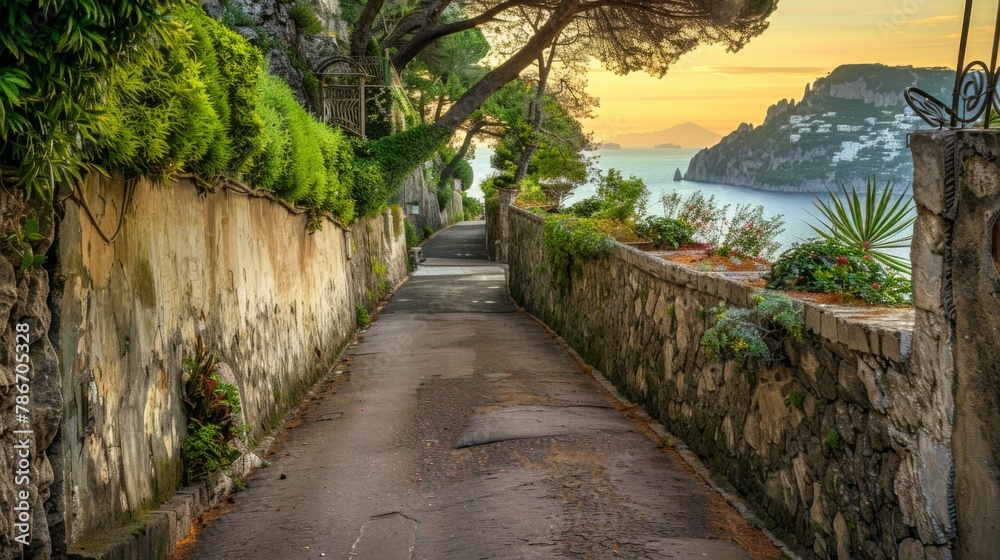 Serene Coastal Pathway at Sunset with Lush Greenery and Ocean View