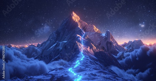 A mountain range with a blue path leading up to it photo