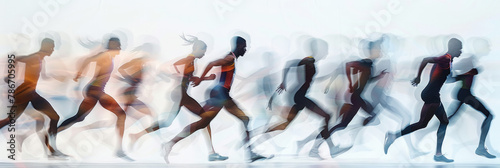 a long exposure photograph of multiple people track and field athletes, motion blur, the human figures appear as blurs against white background