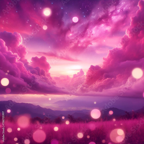 Rainbow unicorn pastel background with glitter stars. Pink fantasy sky. Holographic space with bokeh. Fairy iridescent gradient backdrop. Vector 