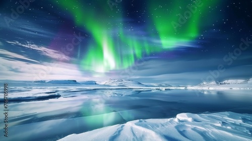 Majestic Aurora Borealis Display Over Serene Arctic Landscape