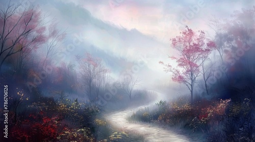 Enchanted Misty Forest Path at Dawn with Ethereal Light