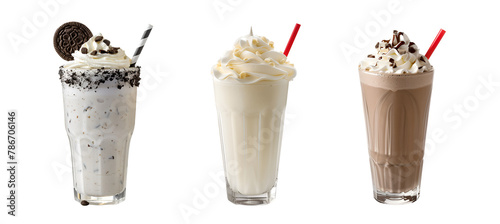 Milkshake Assortment: Vanilla, Chocolate, and Cookies & Cream, Isolated on Transparent Background, PNG
