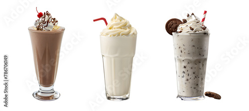 Vanilla, Chocolate, and Cookies & Cream Milkshake Set, Isolated on Transparent Background, PNG