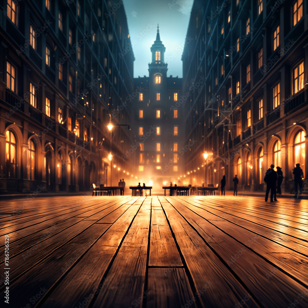 Obraz premium A large, empty square at night with tall buildings on either side and a long wooden walkway leading towards the center of the square.