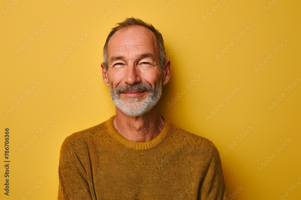 Portrait of a happy senior man with grey beard and mustache on yellow background Portrait of a happy senior man with grey beard and mustache on yellow background