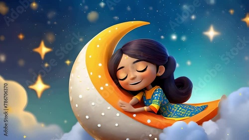 illustration of a young girl with dark hair, sleeping soundly on a glowing crescent moon surrounded by stars, AI generated 4k, loop video. photo