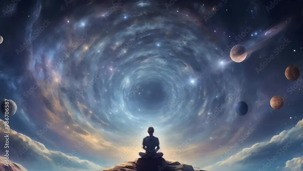Person meditating under starry night sky with swirling galaxy and planets, surrounded by planets and stars, lofi background, AI generated 4k, loop video.