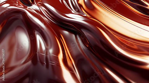 glossy, smooth liquid chocolate being poured, creating elegant swirls and waves. The rich texture of the chocolate is evident, and the glossy finish indicates its melted and fluid state. photo