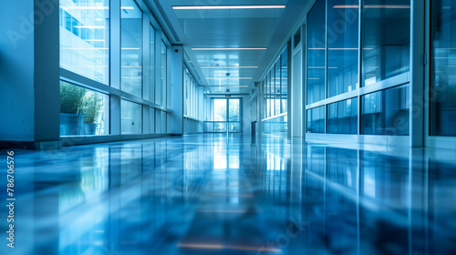 A large  empty hallway with blue walls and floors