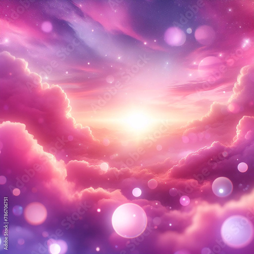 Rainbow unicorn pastel background with glitter stars. Pink fantasy sky. Holographic space with bokeh. Fairy iridescent gradient backdrop. Vector 