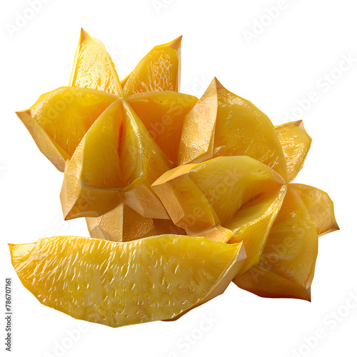  A photorealistic image of a fresh carambola (starfruit), sliced to enhance its star shape, vibrant against the Transparent background, PNG Cutout