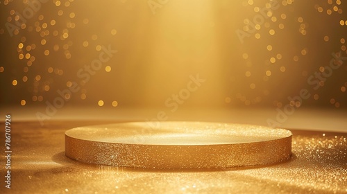 An empty round display platform covered in golden glitter sparkles under a bokeh light-filled background.
