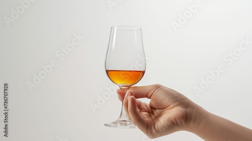 Side view of a hand elegantly holding a whisky glass against a clean white background.