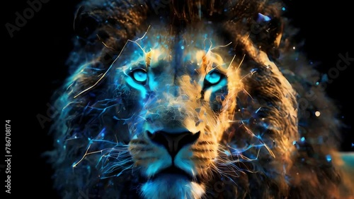 Majestic blue lion with intense glowing eyes in darkness, glowing eyes surrounded by darkness, power and mystery, AI generated 4k, loop video.
