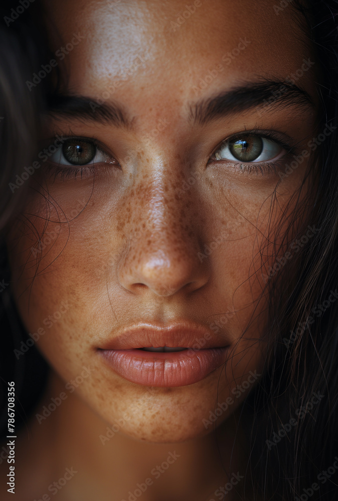 A close-up portrait captures the raw beauty of a young woman with striking green eyes and freckles, her gaze holding untold stories. A close-up portrait captures the raw beauty of a young woman with striking green eyes and freckles, her gaze holding untold stories.