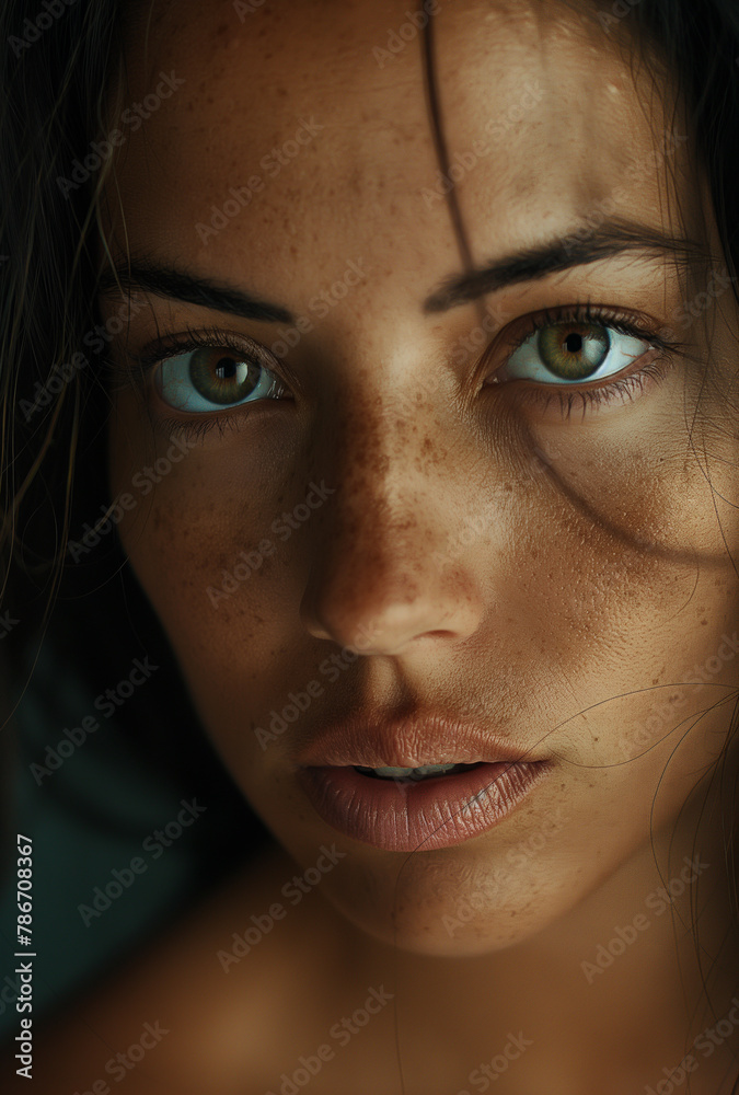 The captivating gaze of a young woman with a constellation of freckles and striking blue eyes conveys a story of depth and allure. The captivating gaze of a young woman with a constellation of freckles and striking blue eyes conveys a story of depth and allure.