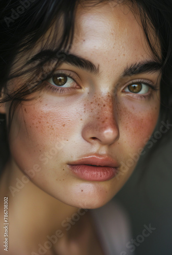 A woman's deep gaze and rosy freckled cheeks catch the light, revealing an ethereal glow and the unstudied grace of her natural features. photo