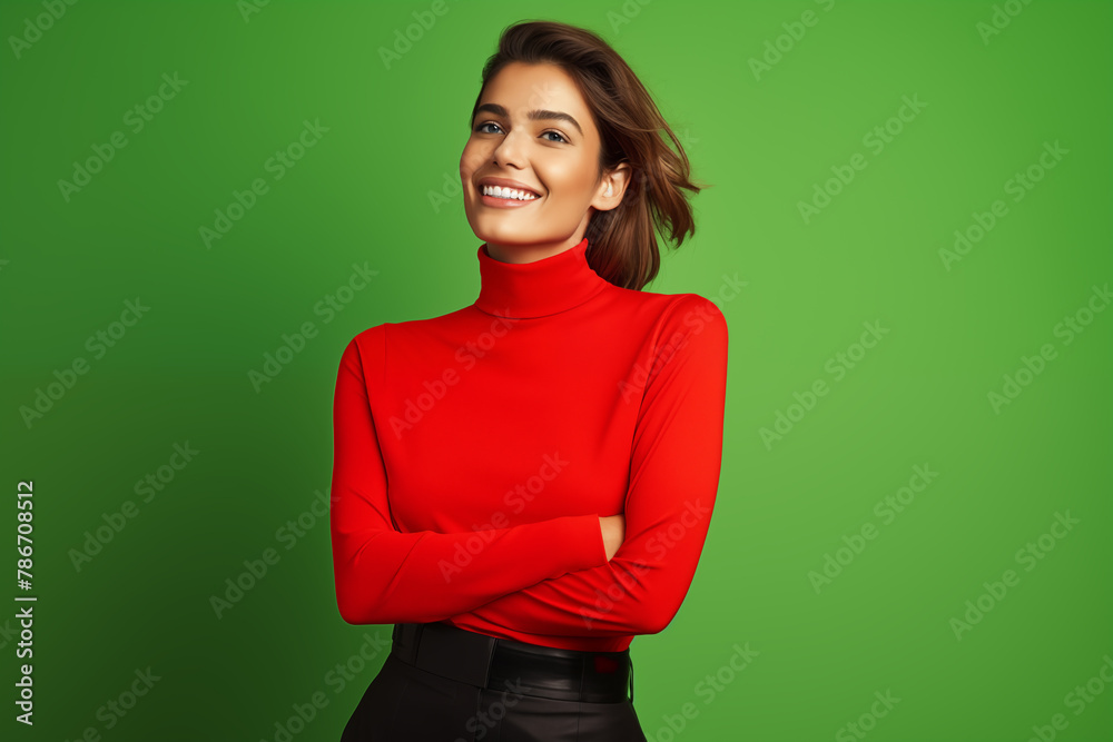 A radiant woman in a sophisticated red turtleneck poses with crossed arms on a vivid green background, her smile conveying confidence and elegance. A radiant woman in a sophisticated red turtleneck poses with crossed arms on a vivid green background, her smile conveying confidence and elegance.