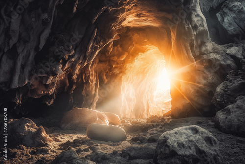 Empty tomb with stone rocky cave and light rays bursting from within. Easter resurrection of Jesus Christ. Christianity  faith  religious  Christian Easter concept
