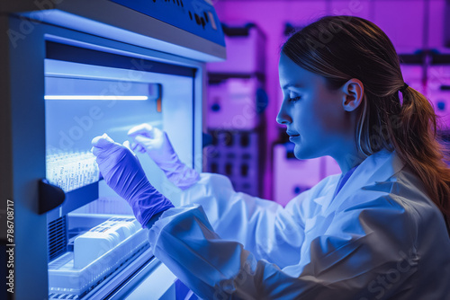 Female genetics worker placing the strips with DNA into the PCR thermal cycler or amplifier for PCR diagnostics photo