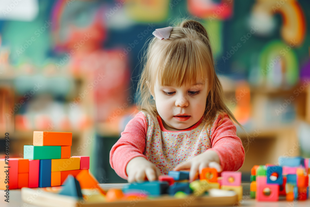 Little girl with Down syndrome playing with toys in Montessori school. Social Inclusion, children with disabilities and special needs concept Little girl with Down syndrome playing with toys in Montessori school. Social Inclusion, children with disabilities and special needs concept
