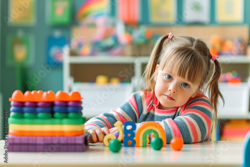 Little girl with Down syndrome playing with toys in Montessori school. Social Inclusion, children with disabilities and special needs concept
