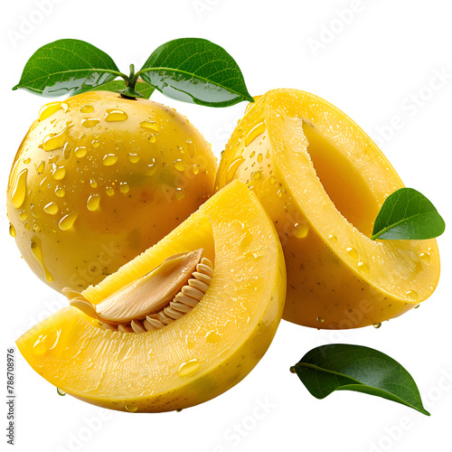  A photorealistic image of fresh araza, its yellow, round fruit cut open to show the juicy interior, isolated on a Transparent background, PNG Cutout photo