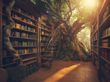 A library with a tree in the middle of it
