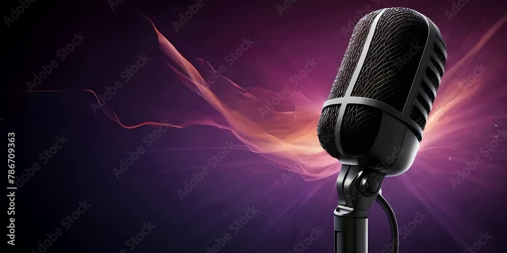 Professional microphone illuminated against a dark background featuring vibrant, colorful light waves, perfect for music, podcast, AI generated 4k, loop video.