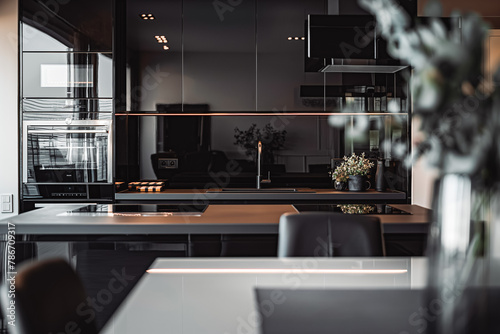Modern stylish kitchen interior design details. Monochrome black kitchen, with glossy black cabinets and gray tabletop