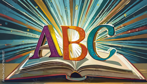 ABC alphabet letters on book with colorful rays in background