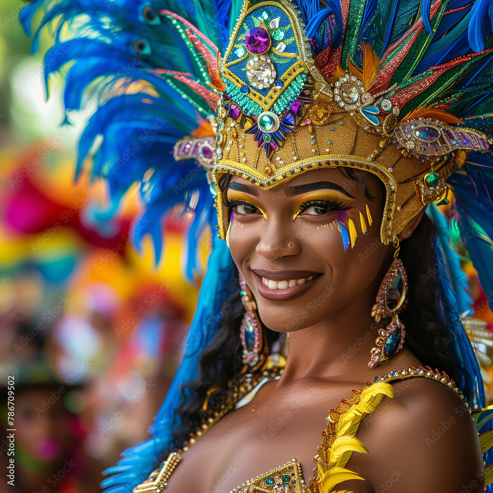 A woman wearing a colorful headdress and gold jewelry is smiling at the Rio Carnival in Brazil