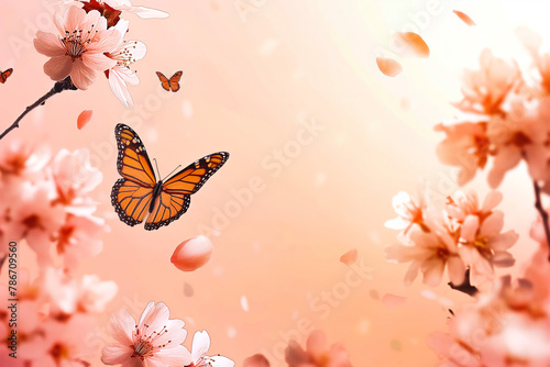 Spring banner background with pink blossom and flying butterfly © VisualProduction