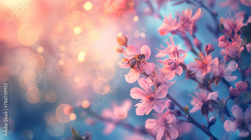 A close up of a pink flower with a bee on it