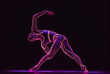 Neon silhouette of gymnast performing floor routine isolated on black background.