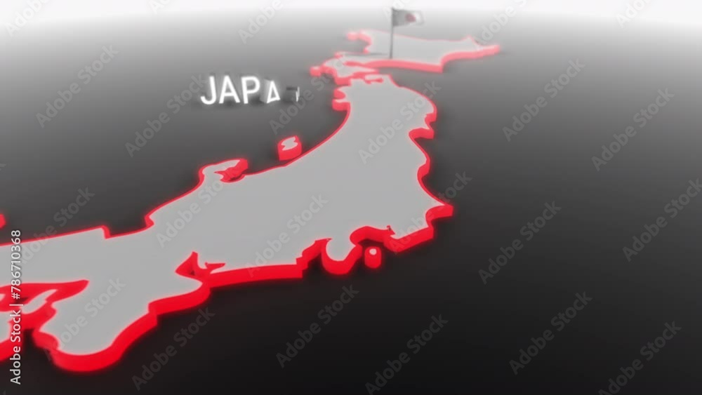3d animated map of Japan gets hit and fractured by the text “War”