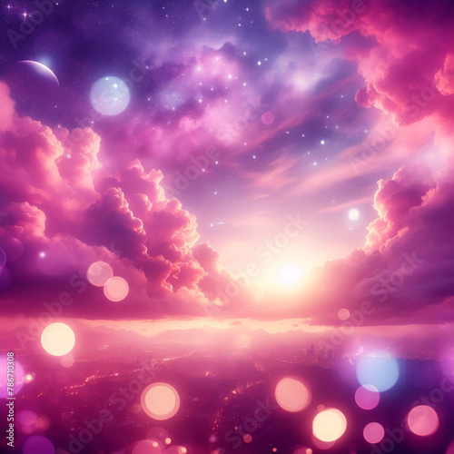 Purple unicorn background. Pastel watercolor sky with glitter stars and bokeh. Fantasy galaxy with holographic texture. Magic marble space.