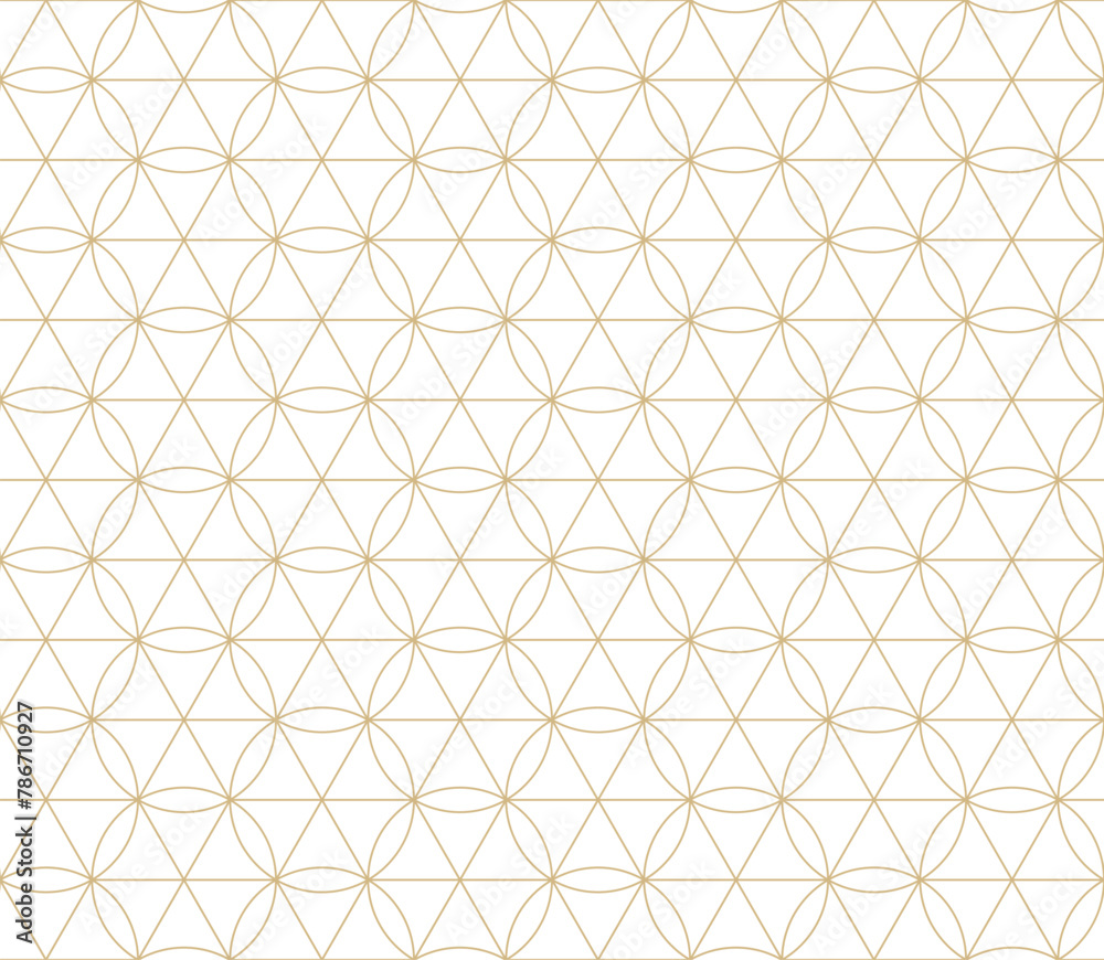 Modern minimalist vector geometric seamless pattern with thin lines, hexagons, triangles, circles, grid. White and gold abstract background. Simple linear texture. Subtle golden repeated geo design