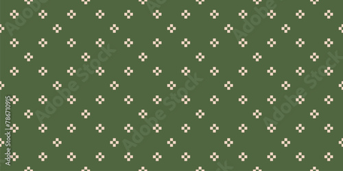 Vector geometric floral seamless pattern. Simple abstract minimalist ornament texture with small crosses, flower silhouettes, squares, dots. Green and beige minimal background. Repeated vintage design