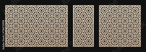 Decorative panels for laser cut. Vector stencils with abstract geometric pattern, mesh, lattice, floral grid, lace. Islamic style ornaments. Template for CNC, laser cutting. Aspect ratio 3:2, 1:2, 1:1