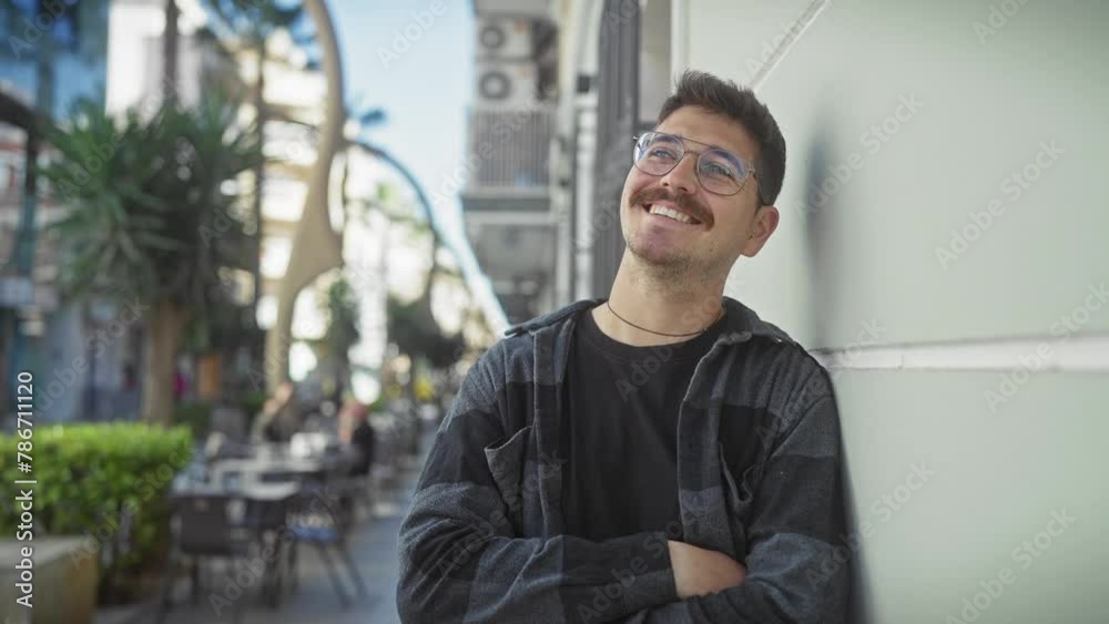 Smiling young man with glasses and moustache leaning against a wall on a sunny urban street. Smiling young man with glasses and moustache leaning against a wall on a sunny urban street.