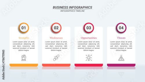 SWOT Infographic with 4 Steps and Editable Text on a 16:9 Layout for Business Presentations, Management, and Evaluation.