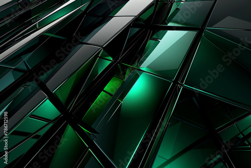 A kaleidoscopic fusion of matte black and emerald green, accentuated by sleek geometric patterns and reflective textures, casting an entrancing allure.