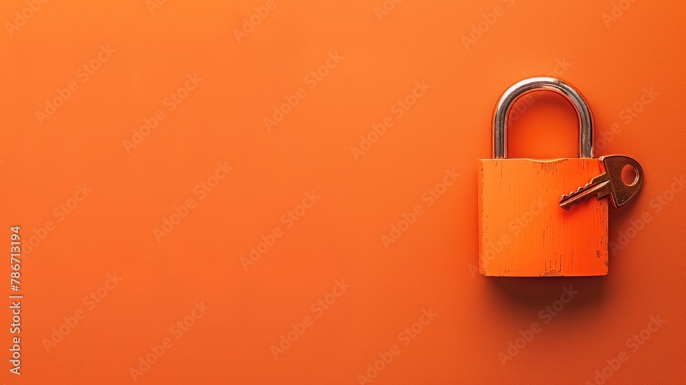 Naklejka premium Silver padlock with key on orange background